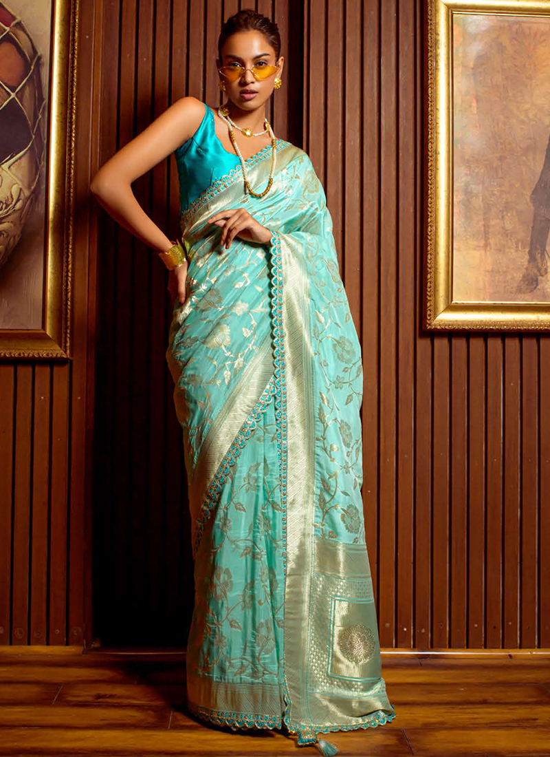 Blue Viscose Silk Embroidered Designer Wedding Saree